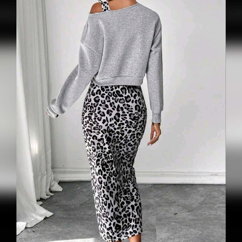 2pcs/Set Leopard Heart Print Hoodie With Form-Fitting Dress, Elegant - Picture 2 of 4